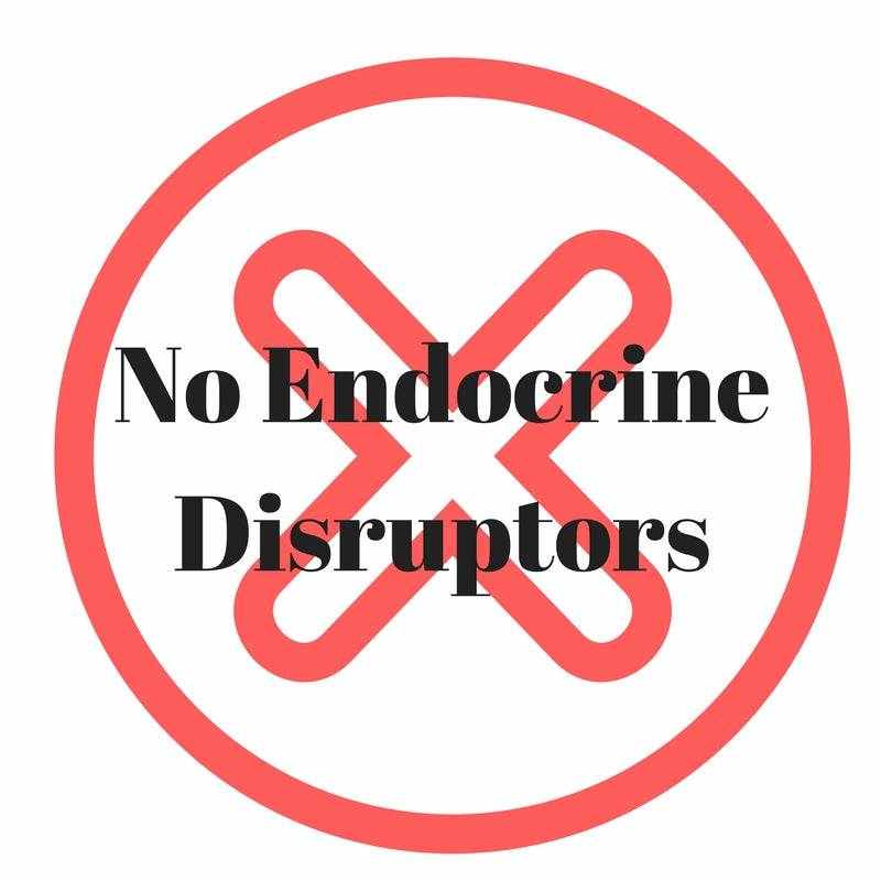 Graphic illustrating endocrine disruptors and female mimicking hormones in products and environment