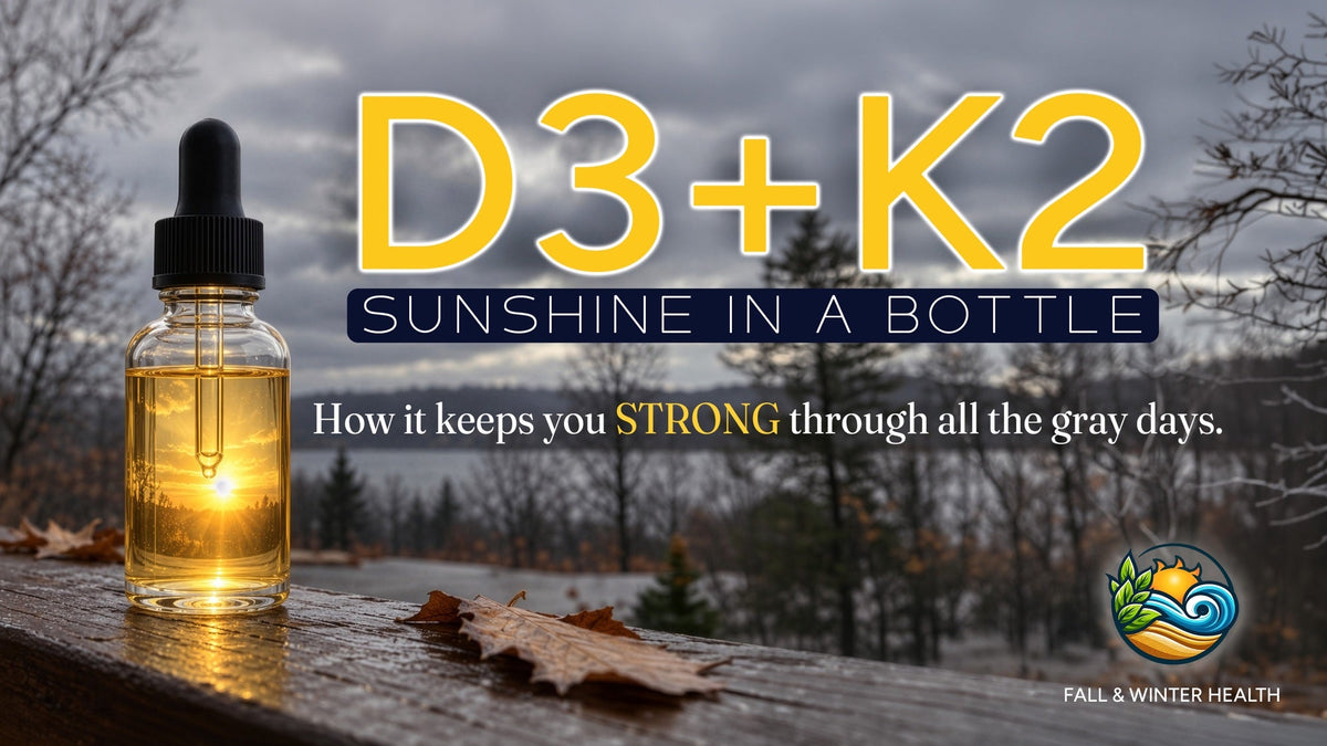 D3+K2, sunshine in a bottle: a dropper bottle of 3rd Rock Vitamin D3 + K2 on a gray fall day