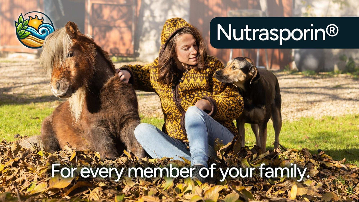 Nutrasporin, for every member of your family: a woman sitting in autumn leaves with her pony and her dog