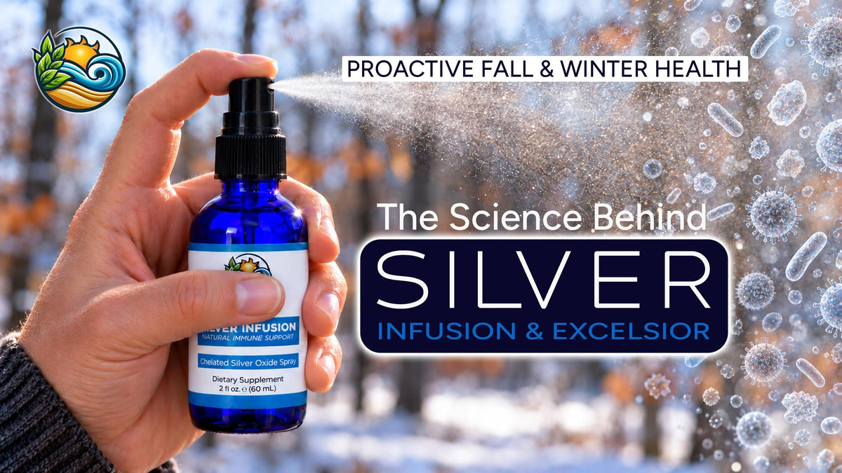 The Science Behind Silver: a hand holding a 2 fl oz bottle of 3rd Rock Silver Infusion chelated silver oxide spray outdoors in late fall