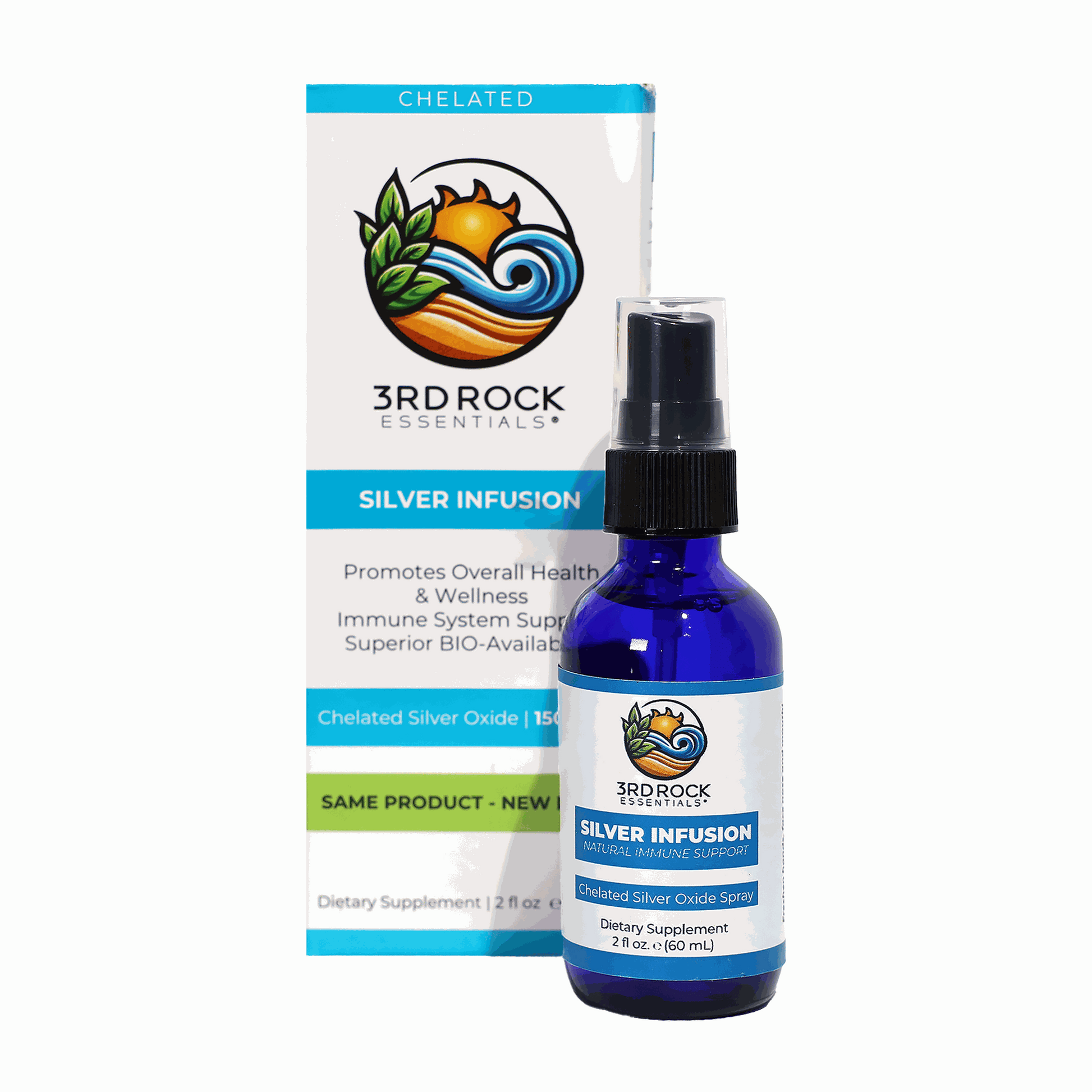 Silver Infusion 150 PPM Chelated Silver Oxide dietary supplement spray in 2 oz. glass bottle