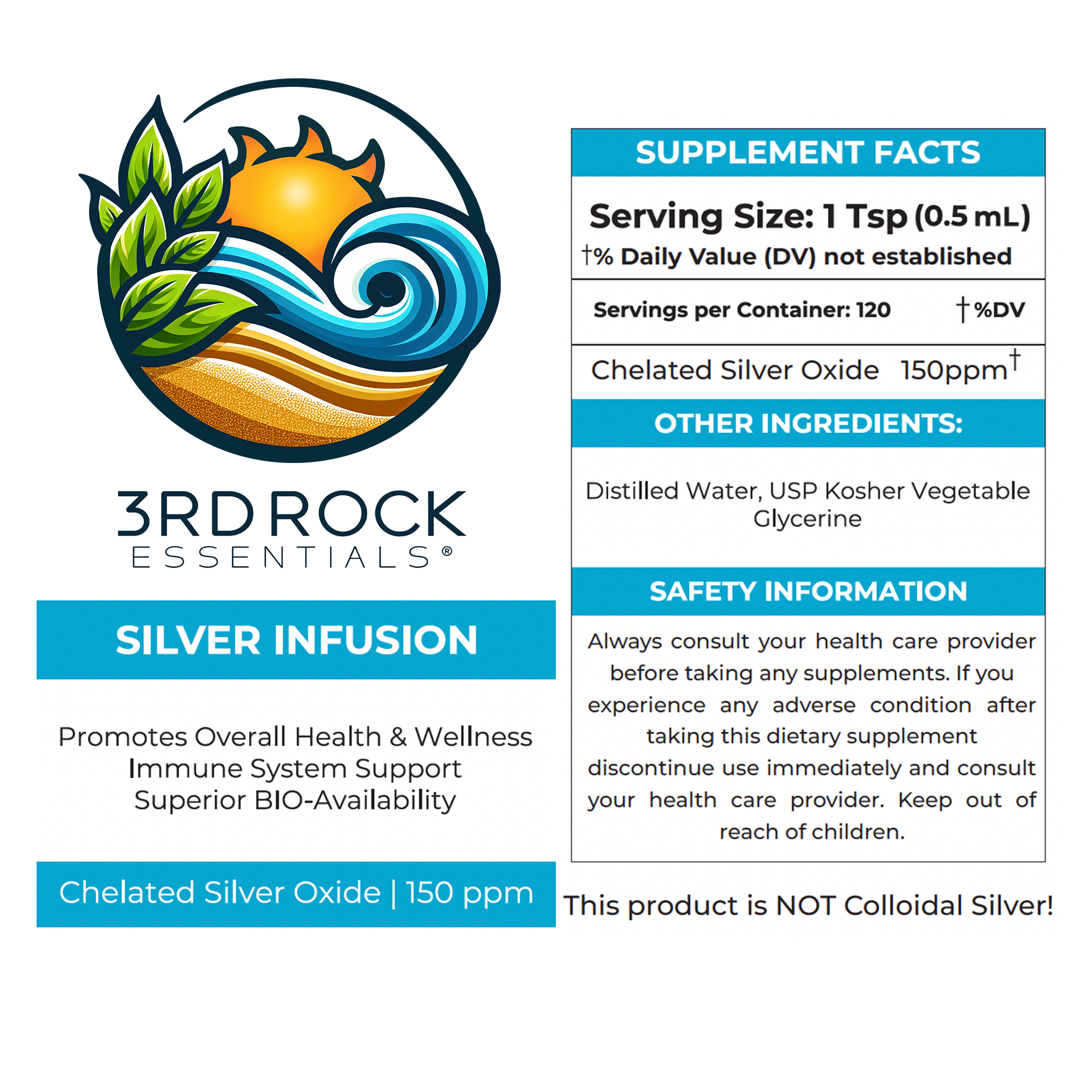 3rd Rock Essentials Silver Infusion – 150 PPM Chelated Silver Oxide Complex – 16 fl oz