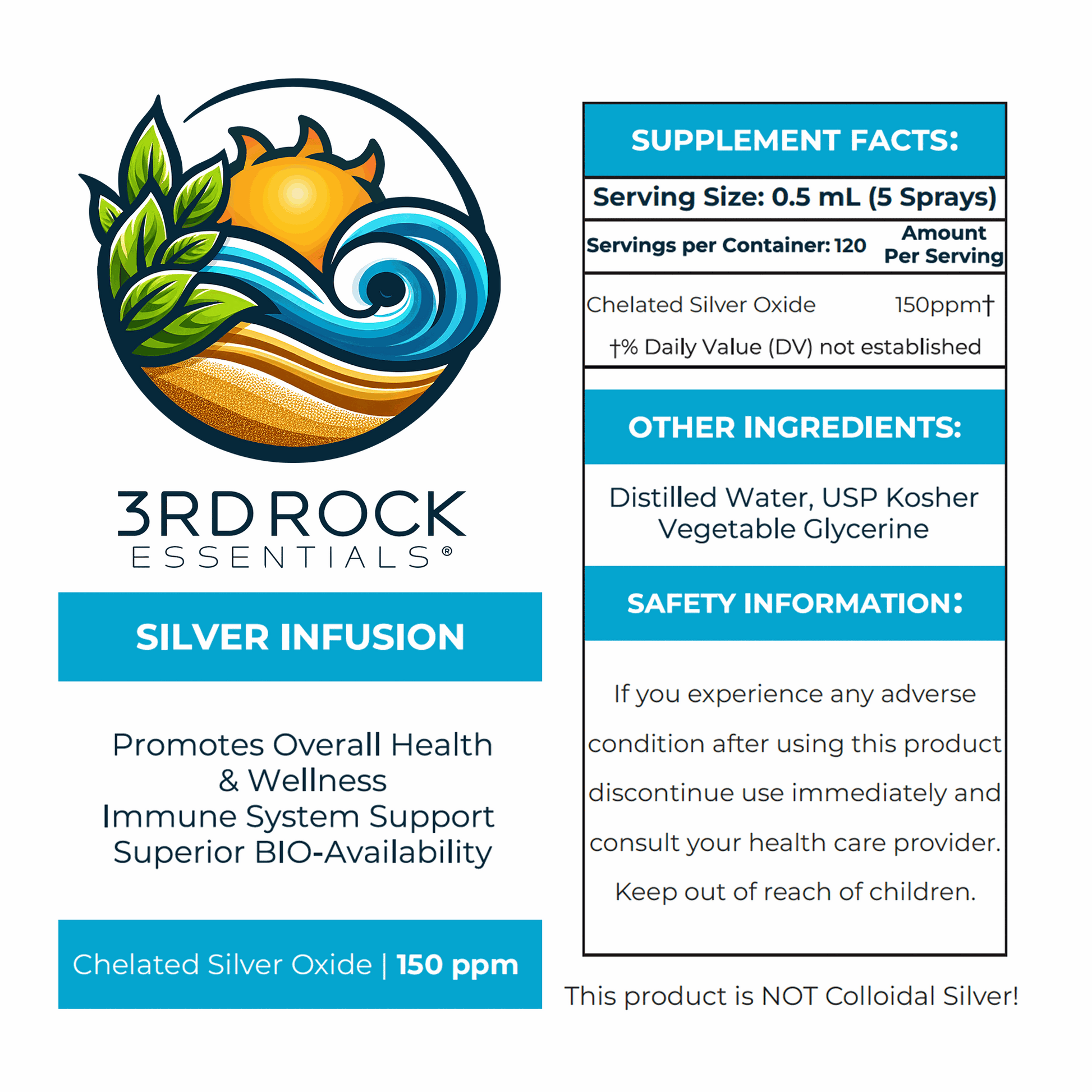 Silver Infusion 150 PPM chelated silver oxide dietary supplement 2 oz spray bottle