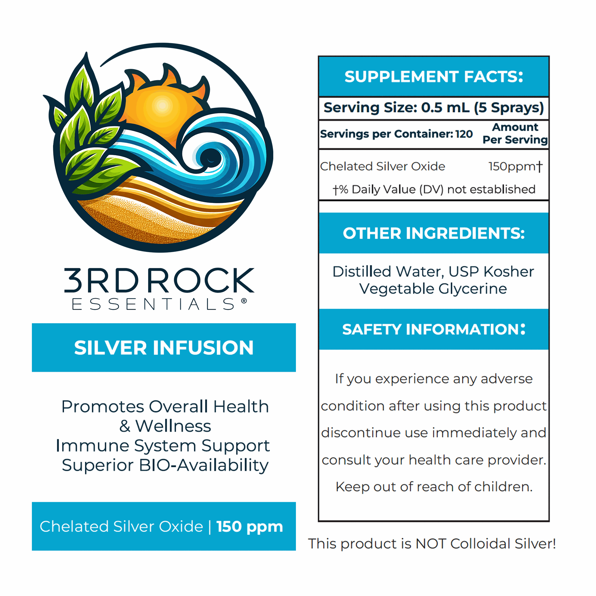 Silver Infusion 150 PPM chelated silver oxide dietary supplement 2 oz spray bottle