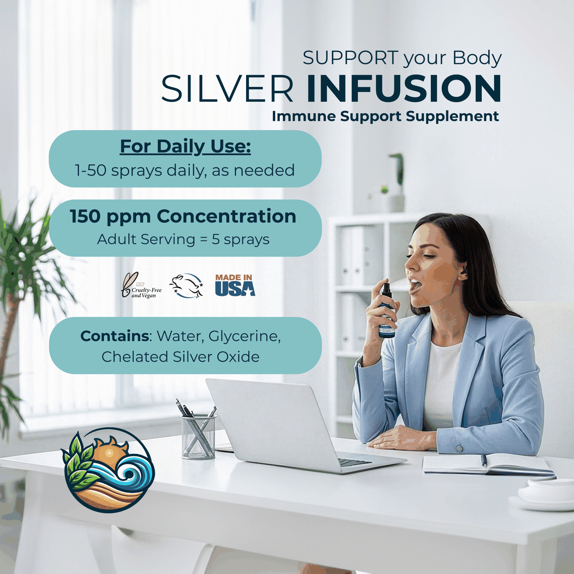 Silver Infusion 150 PPM Chelated Silver Oxide dietary supplement spray bottle 2 oz