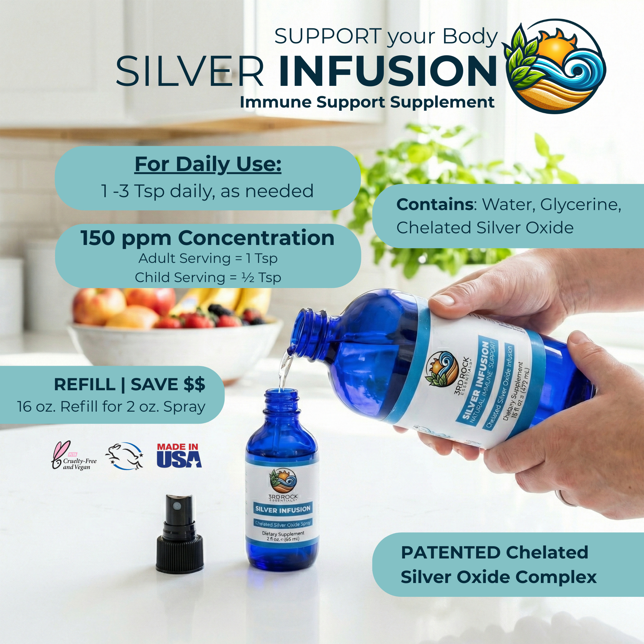 3rd Rock Essentials Silver Infusion – 150 PPM Chelated Silver Oxide Complex – 16 fl oz
