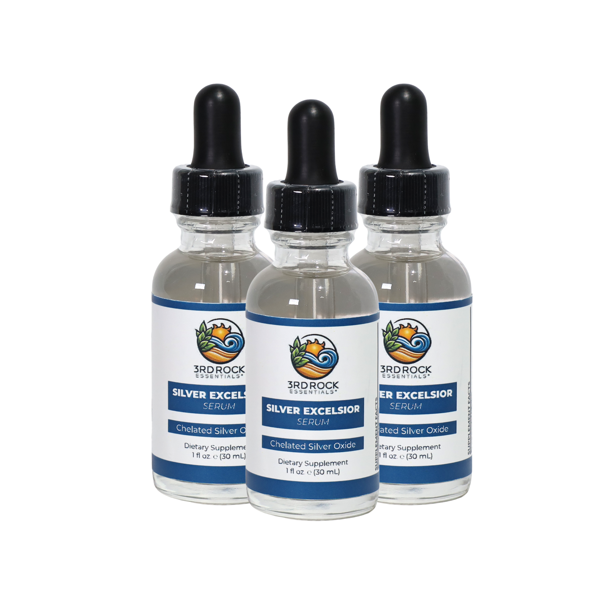 Silver Excelsior Serum 4000 PPM chelated silver oxide immune support supplement in glass dropper bottle