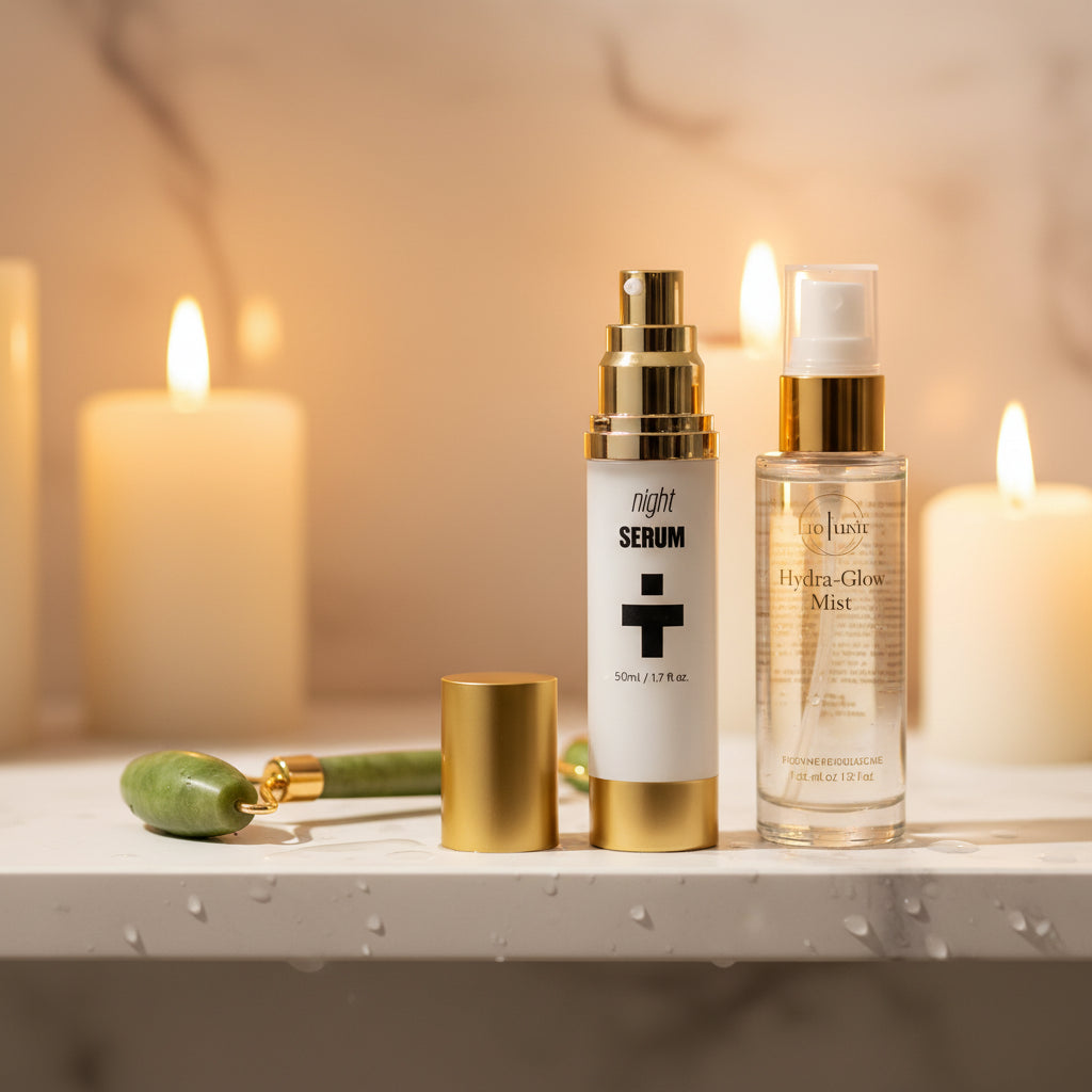 Night Serum Pro with jade roller and candles