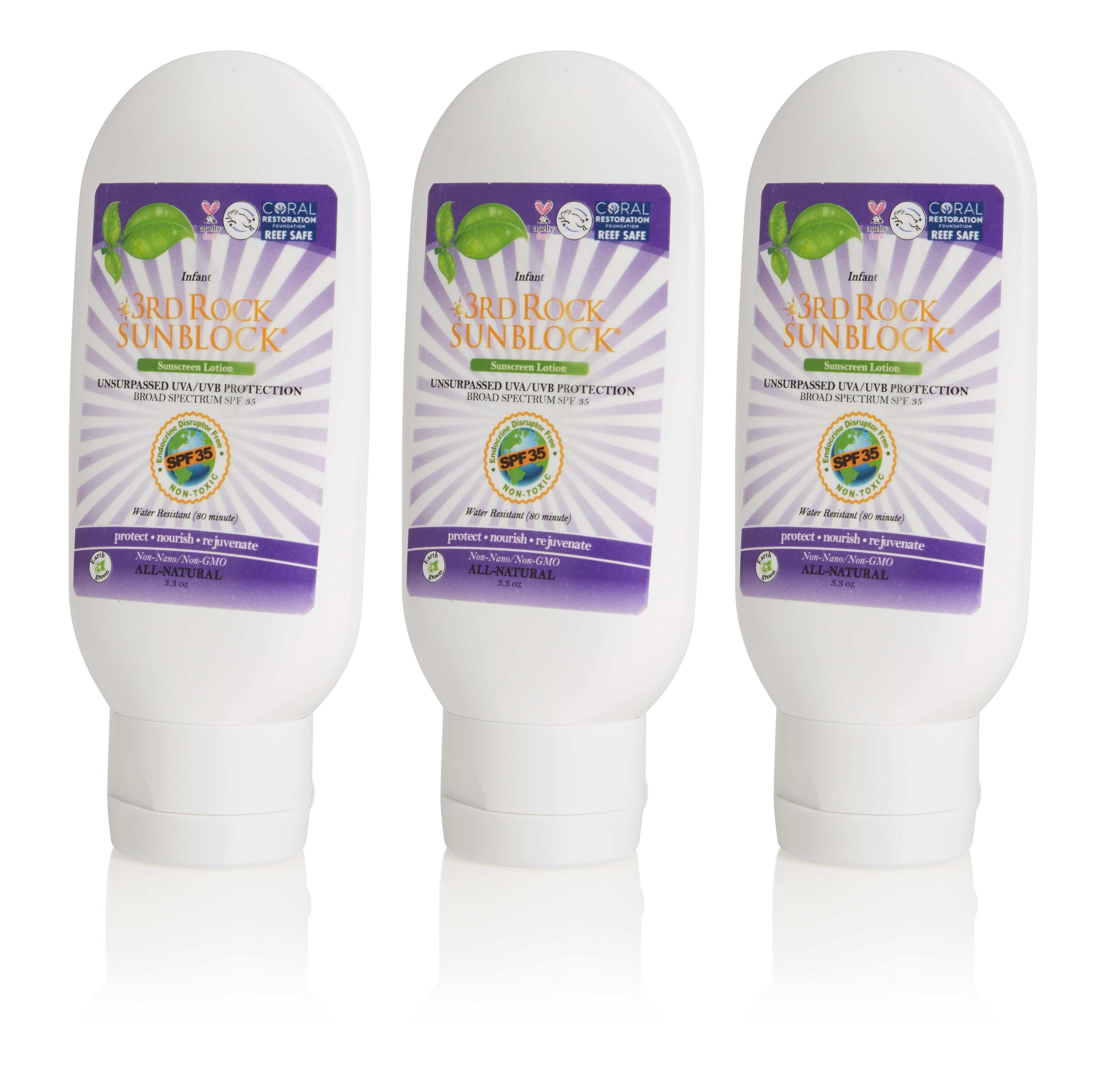 Three bottles of 3rd Rock Sunblock SPF 35 natural zinc oxide sunscreen for infants with purple labels